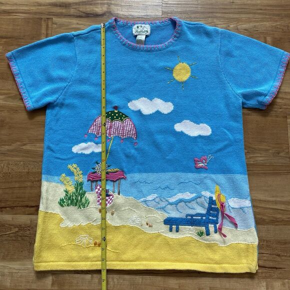 VTG The Quacker Factory L Blue Short Sleeve Beachy Knit Tunic Sweater Whimsical - Picture 8 of 16